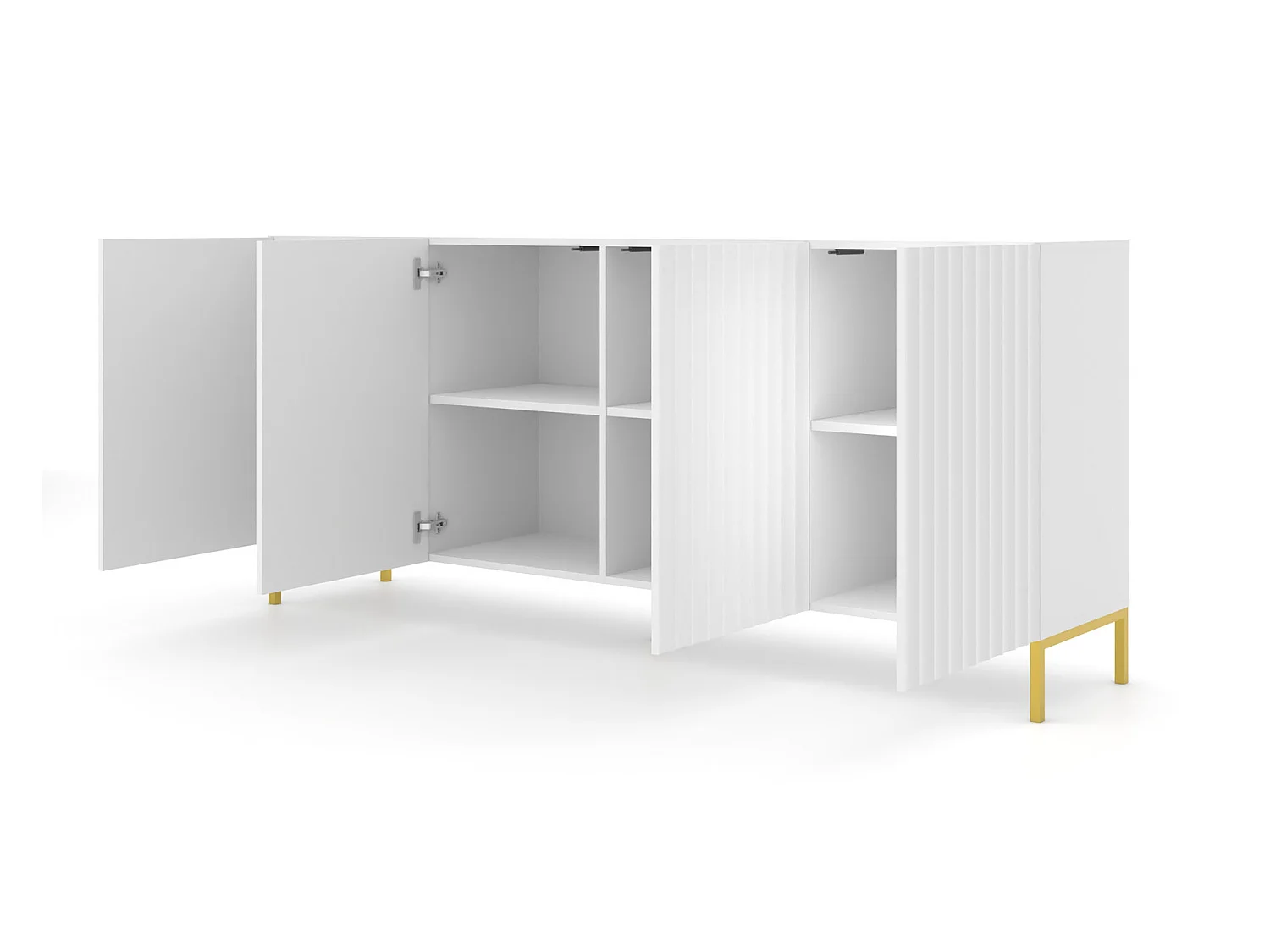 Commode WAVE 200 cm 4D fraisé blanc mat  pieds en métal doré