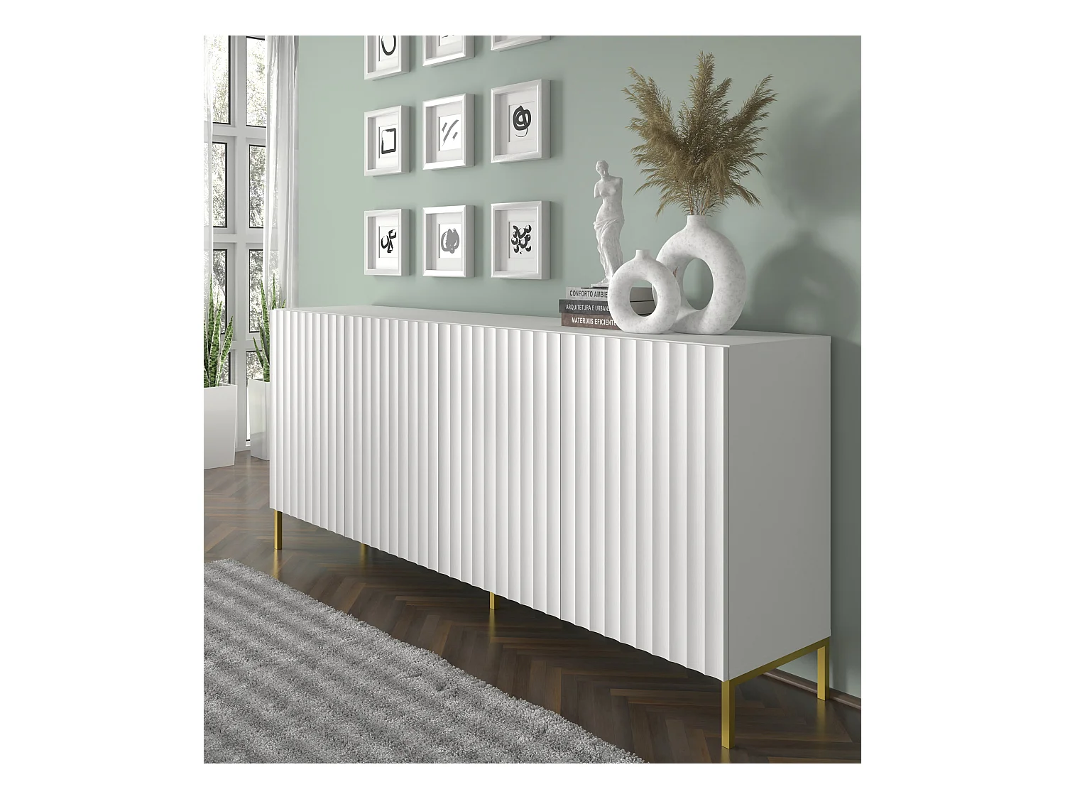 Commode WAVE 200 cm 4D fraisé blanc mat  pieds en métal doré