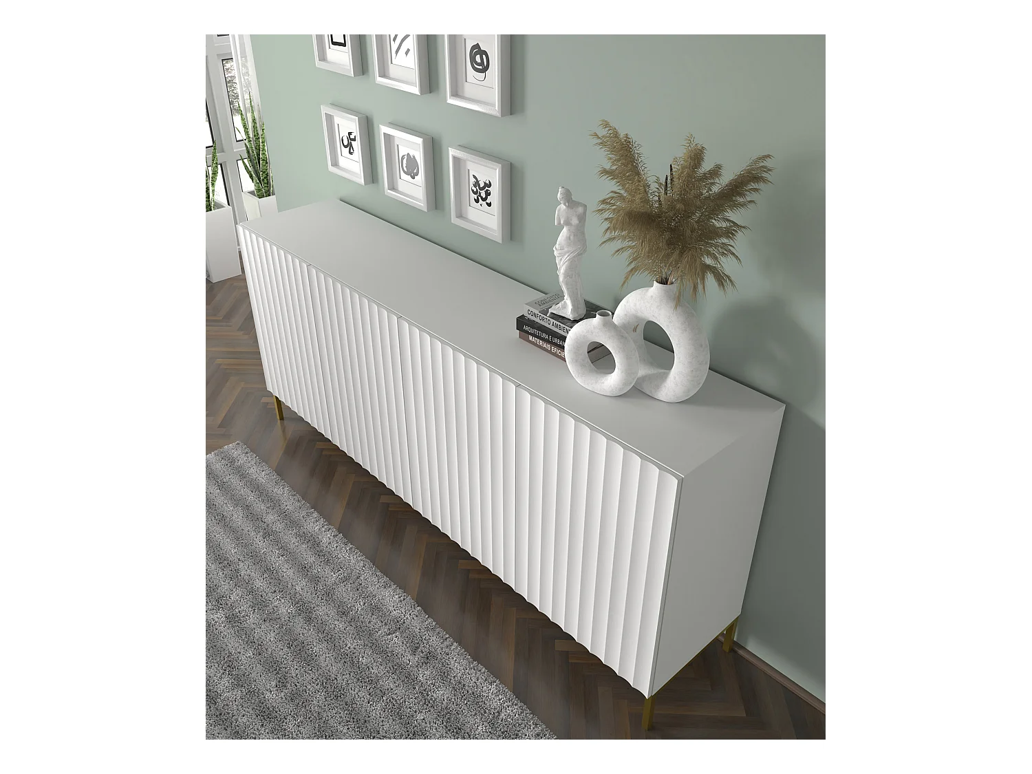 Commode WAVE 200 cm 4D fraisé blanc mat  pieds en métal doré