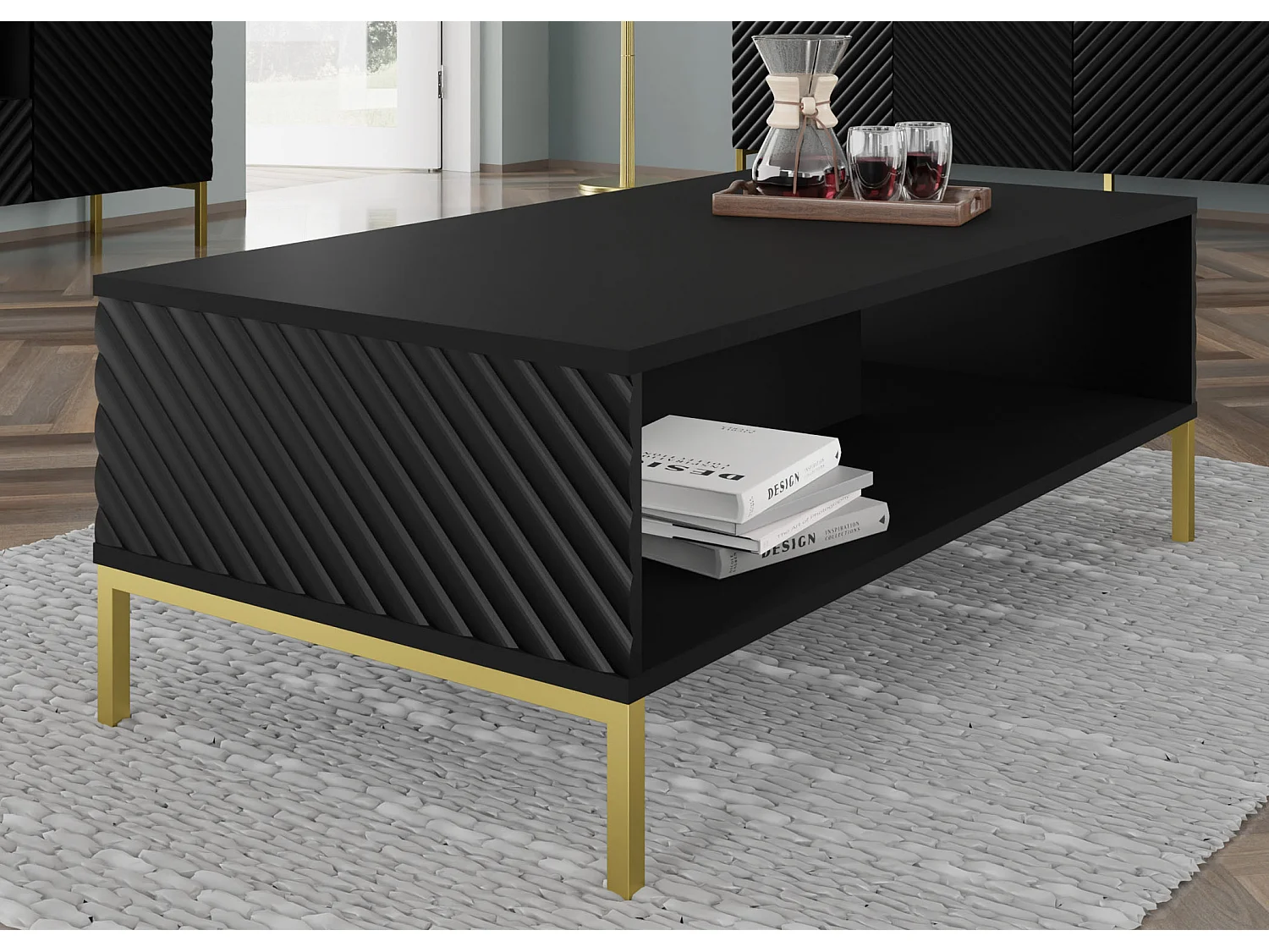 Tavolino SURF 90x60 cm fresato nero opaco piedi in metallo dorato