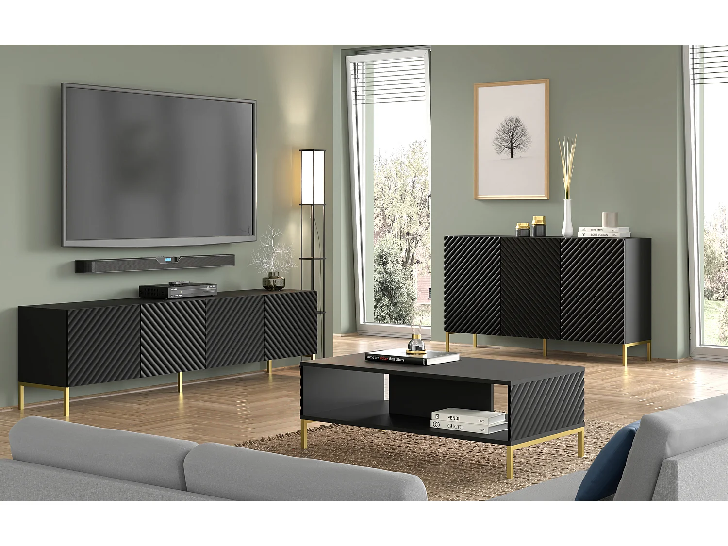 Tavolino SURF 90x60 cm fresato nero opaco piedi in metallo dorato