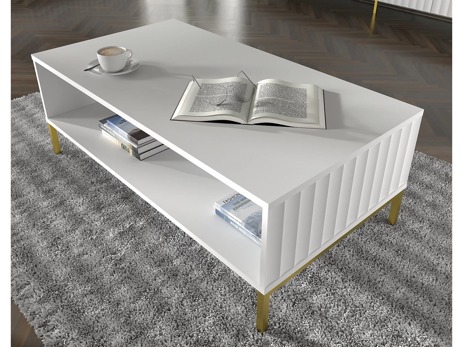 Table basse WAVE 90x60 cm fraisé blanc mat  pieds en métal doré