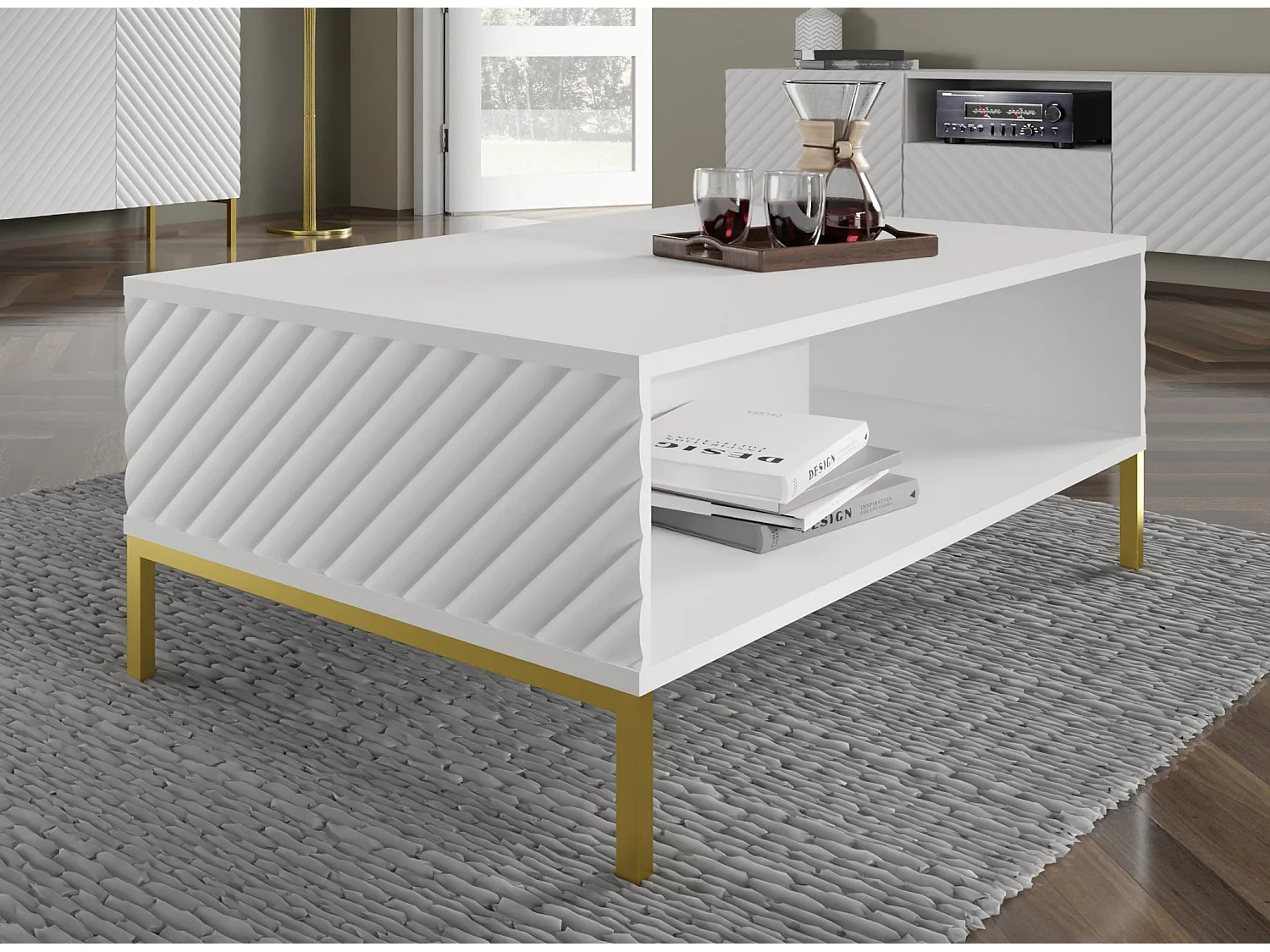 Tavolino SURF 90x60 cm fresato bianco opaco piedi in metallo dorato