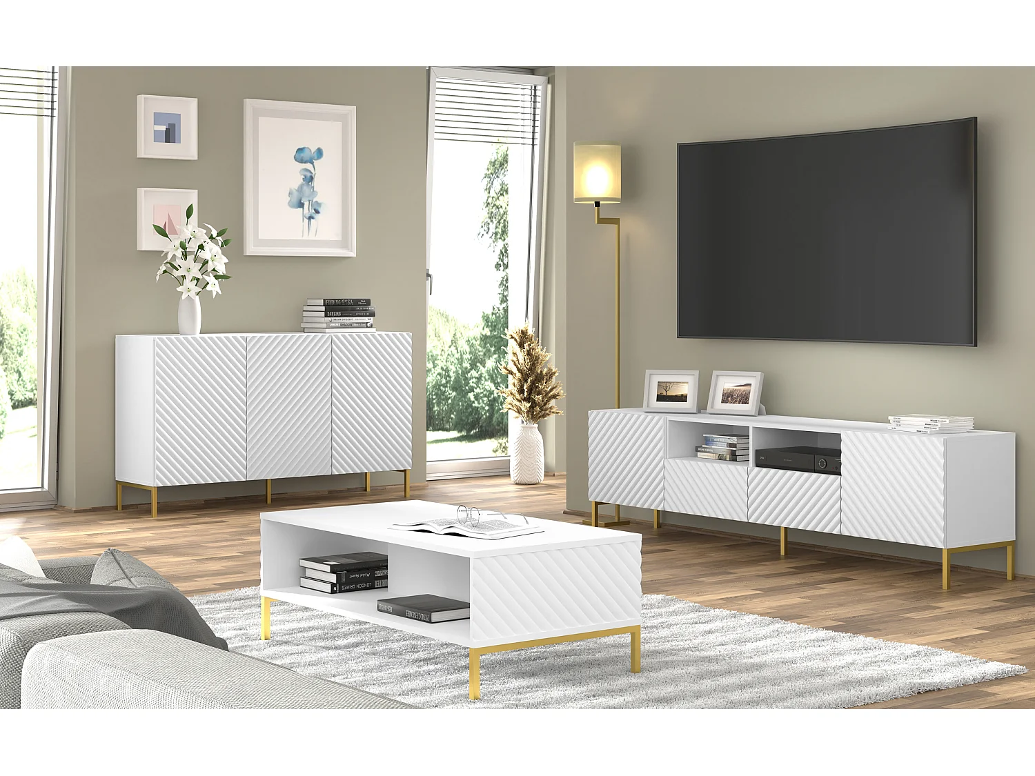 Tavolino SURF 90x60 cm fresato bianco opaco piedi in metallo dorato