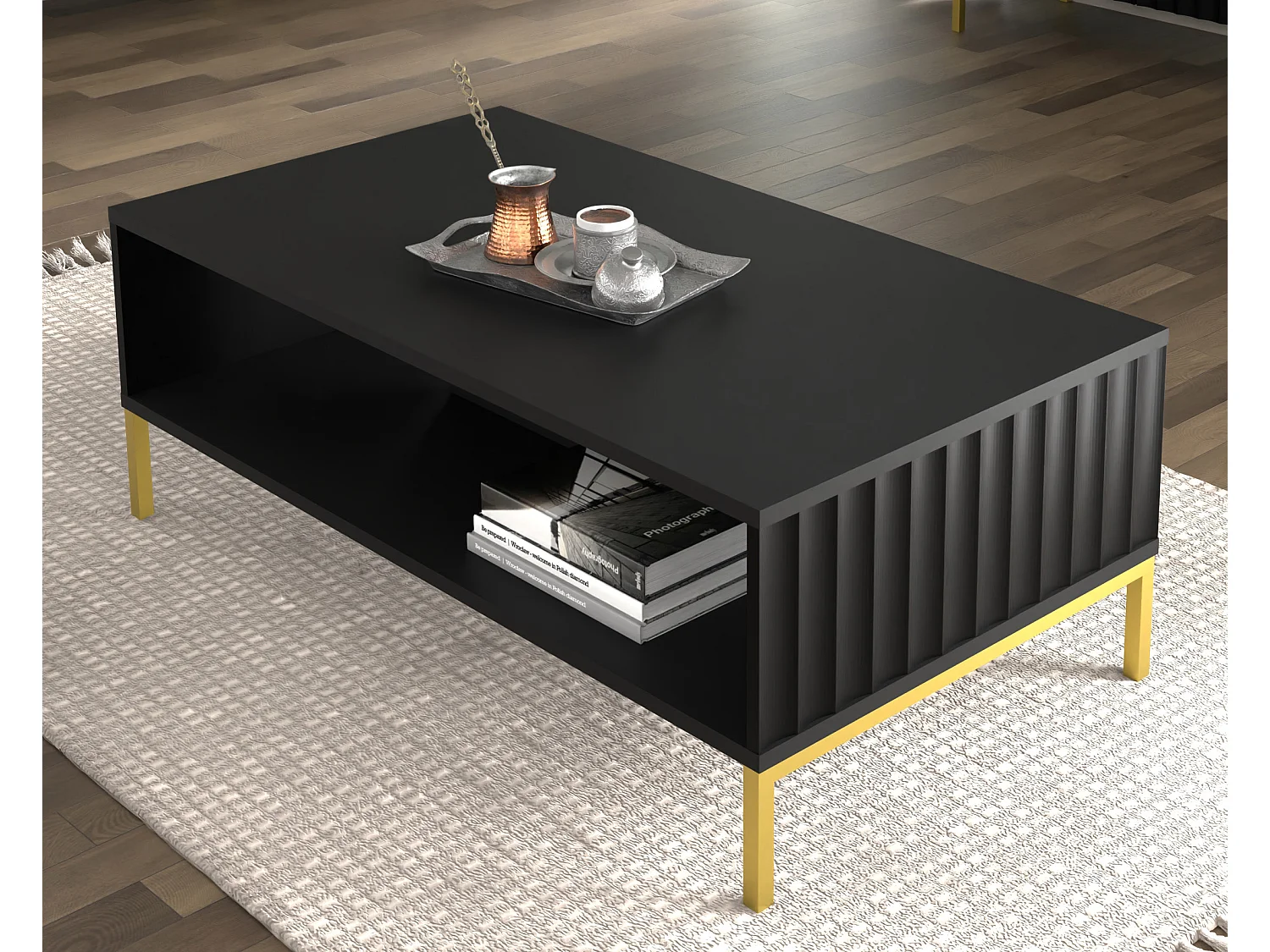 Salontafel WAVE 90x60 cm gefreesd zwart mat metalen poten in goudkleur