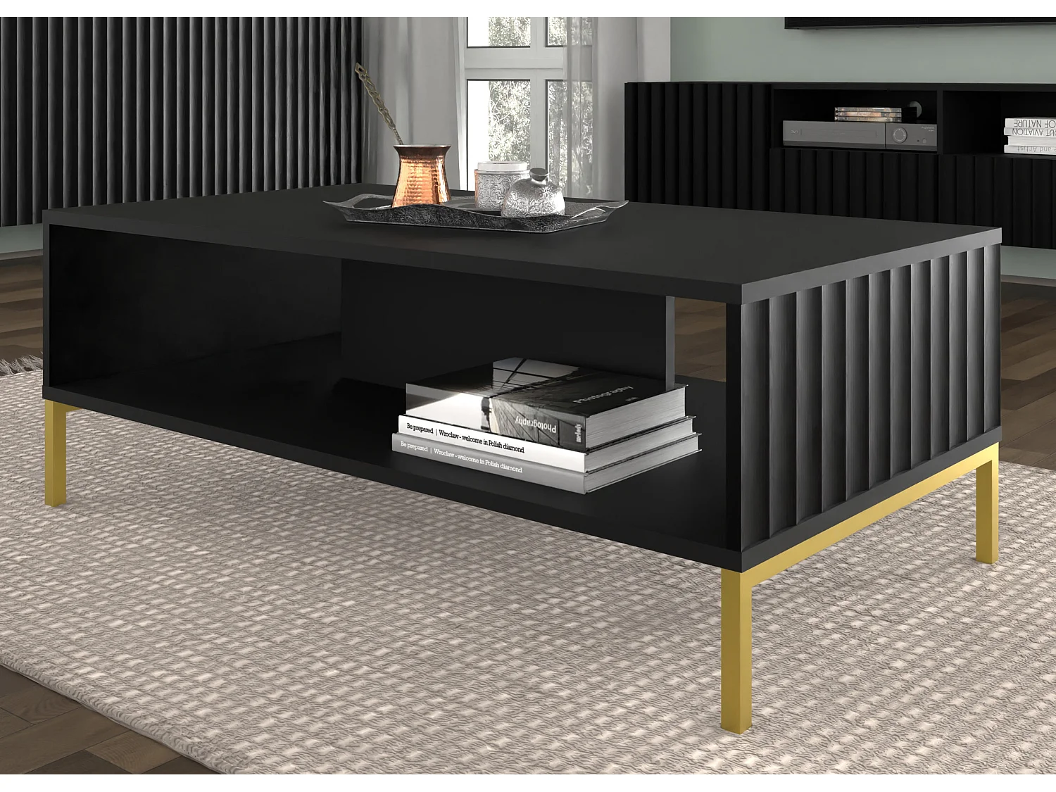 Salontafel WAVE 90x60 cm gefreesd zwart mat metalen poten in goudkleur