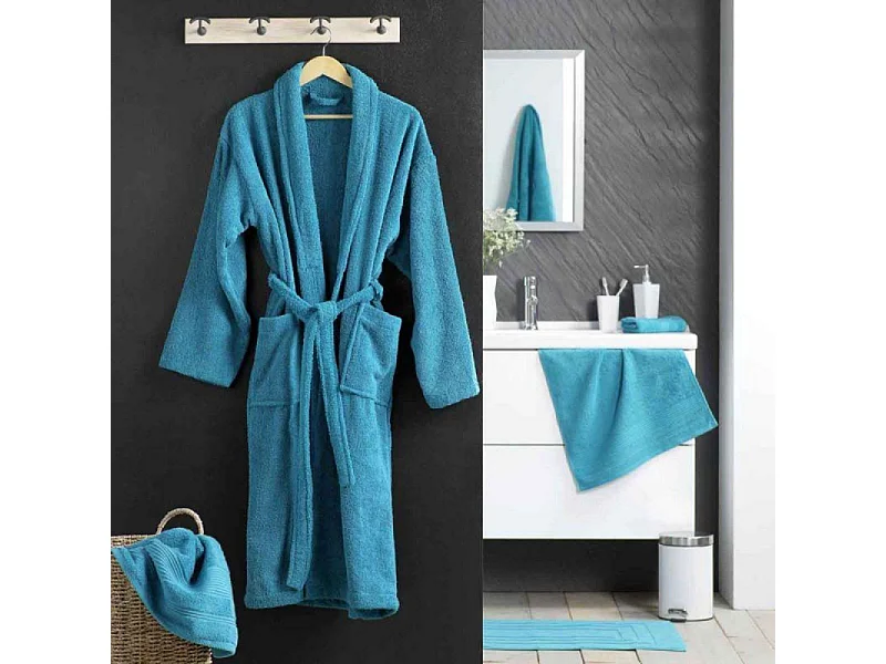 Peignoir Col Châle en Coton "Tendresse" Bleu Paon