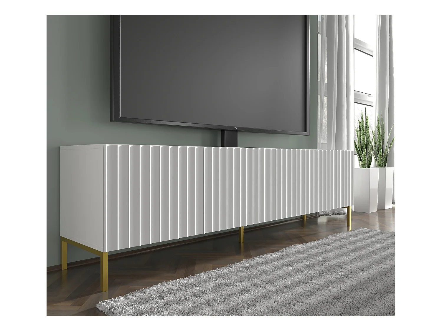 Meuble TV WAVE 200 cm 4D fraisé blanc mat  pieds en métal doré