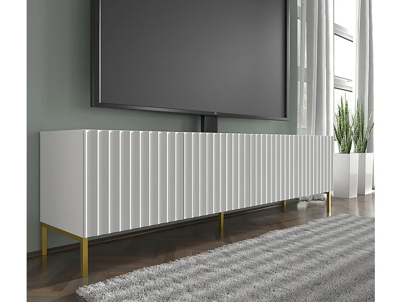 TV-meubel WAVE 200 cm 4D gefreesd wit mat metalen poten in goudkleur