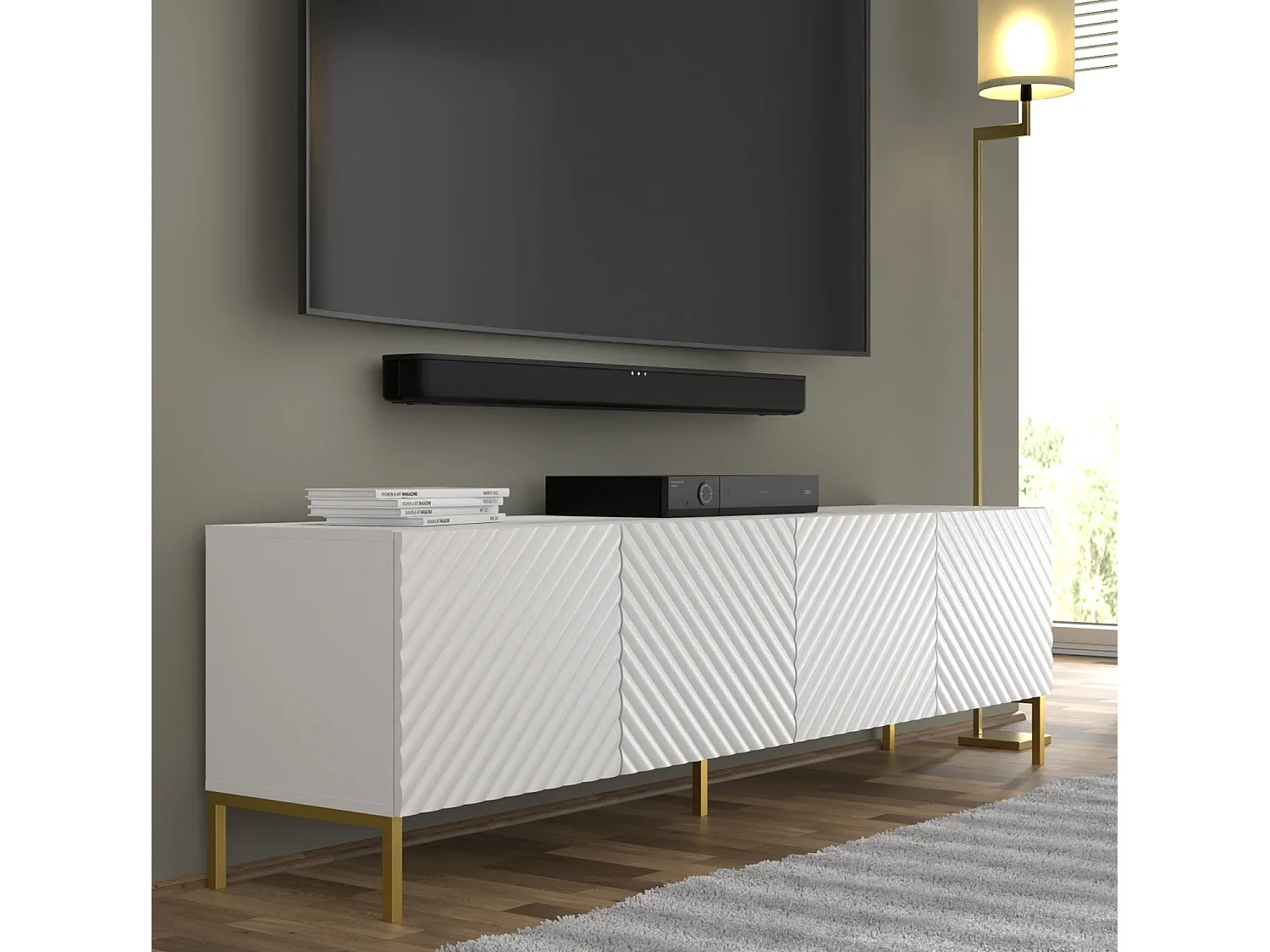 TV-Möbel SURF 200 cm 4D gefräst weiß matt Füße aus goldenem Metall