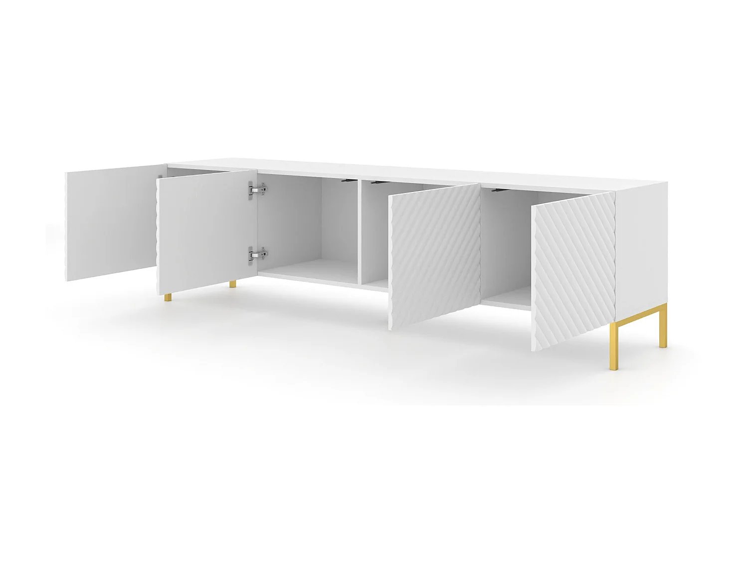 TV-meubel SURF 200 cm 4D gefreesd wit mat metalen poten in goudkleur