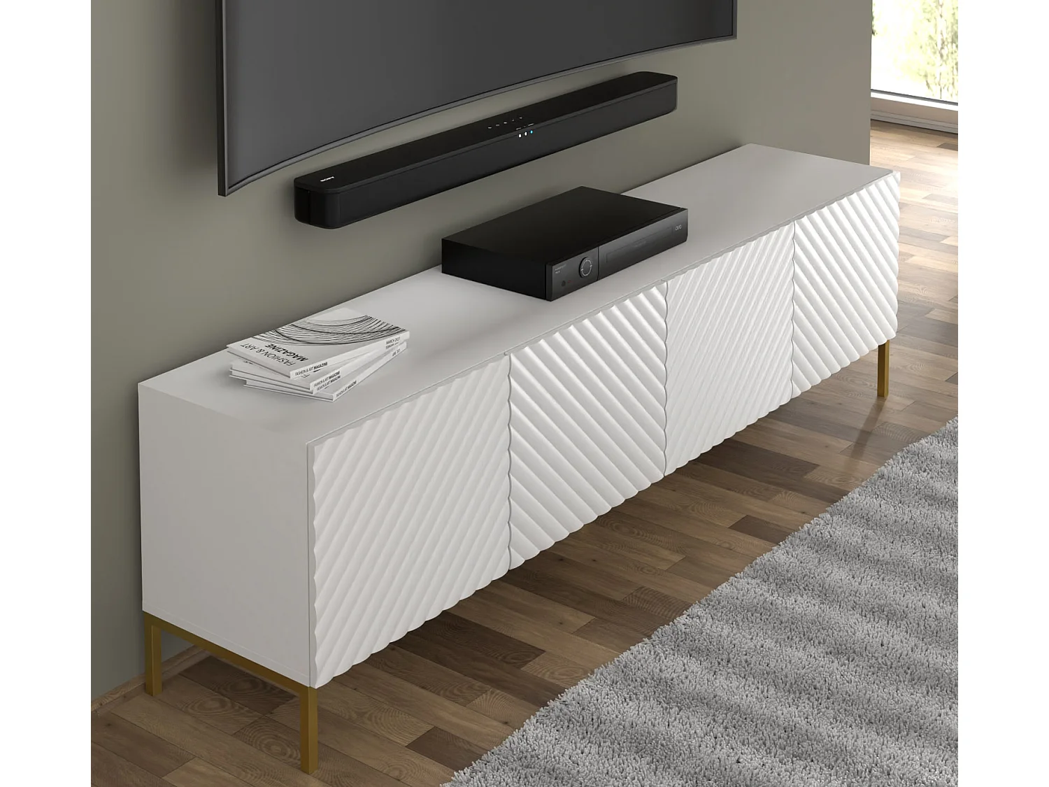 TV-meubel SURF 200 cm 4D gefreesd wit mat metalen poten in goudkleur