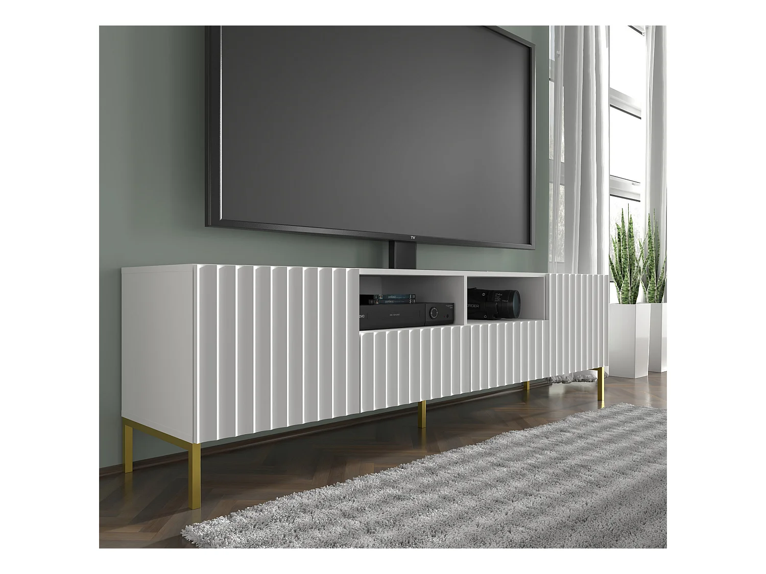 Meuble TV WAVE 200 cm 2D2S noir mat  pieds en métal doré