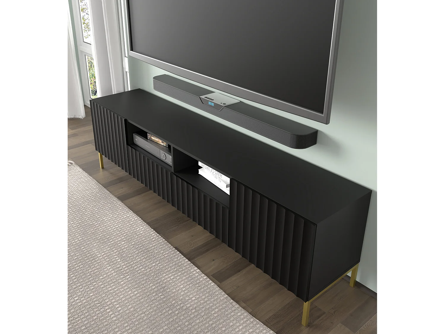 Mueble de TV WAVE 200 cm 2D2S blanco mate patas de metal dorado