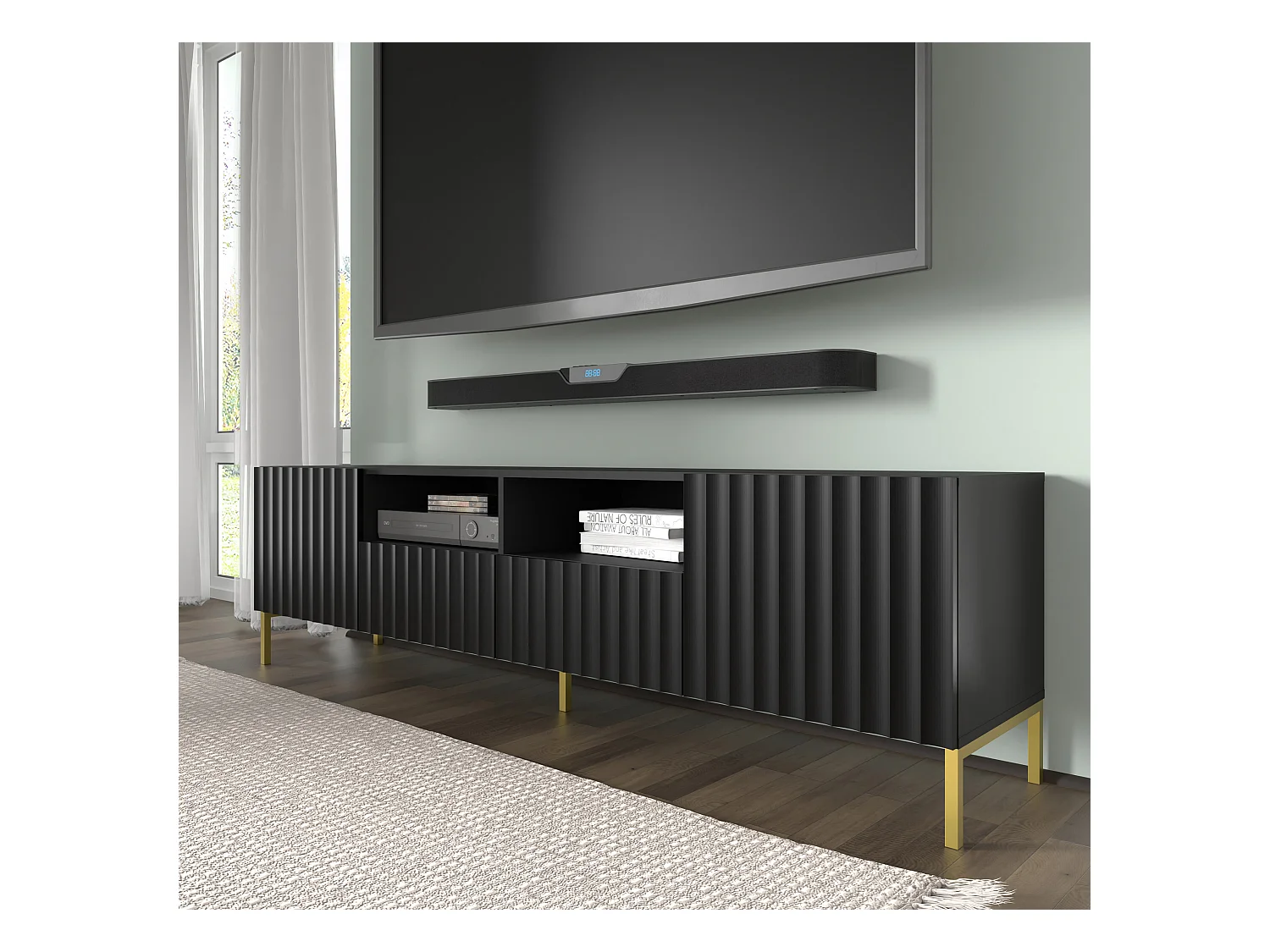 Meuble TV WAVE 200 cm 2D2S blanc mat  pieds en métal doré