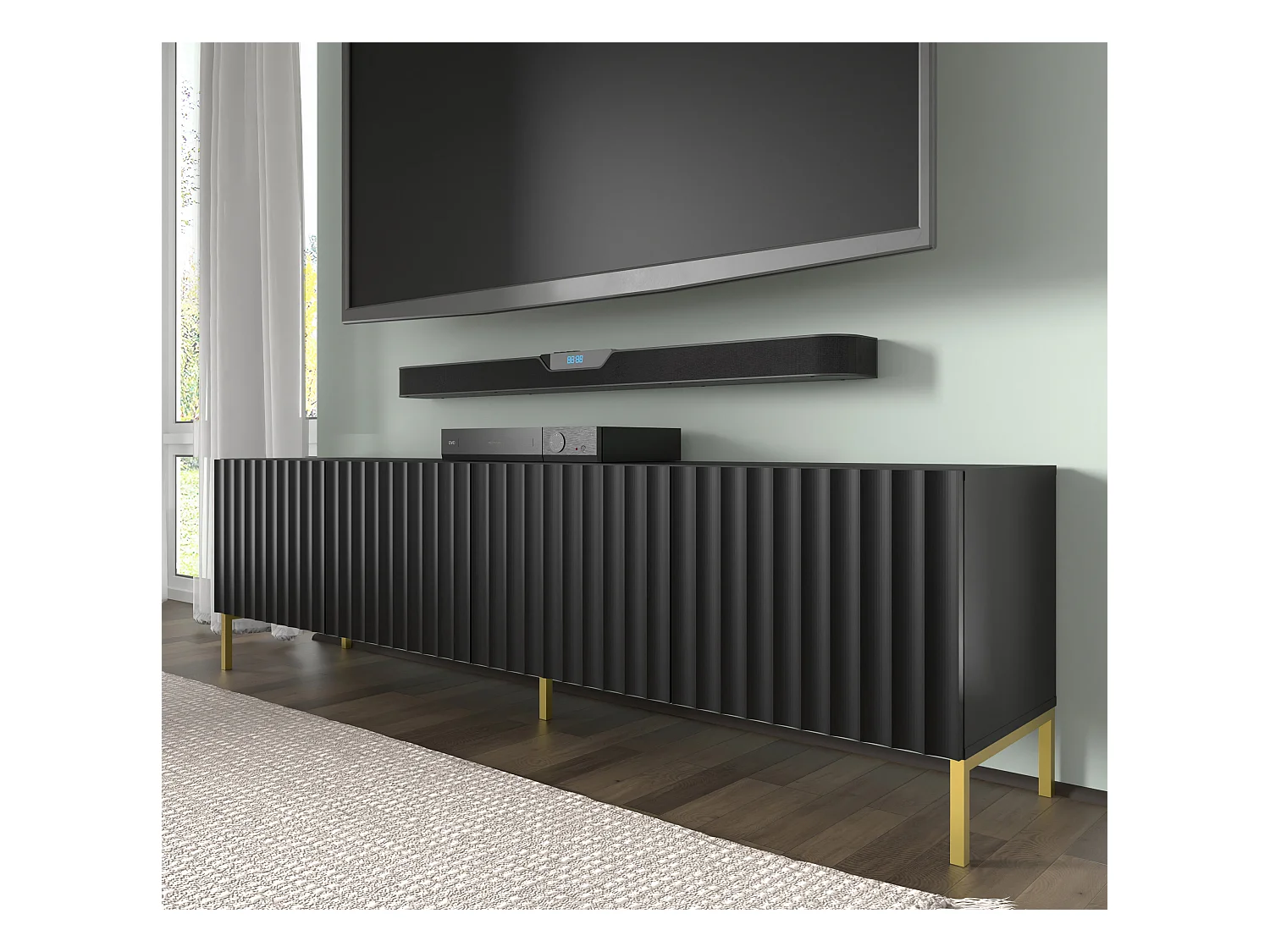 Meuble TV WAVE 200 cm 4D fraisé noir mat  pieds en métal doré
