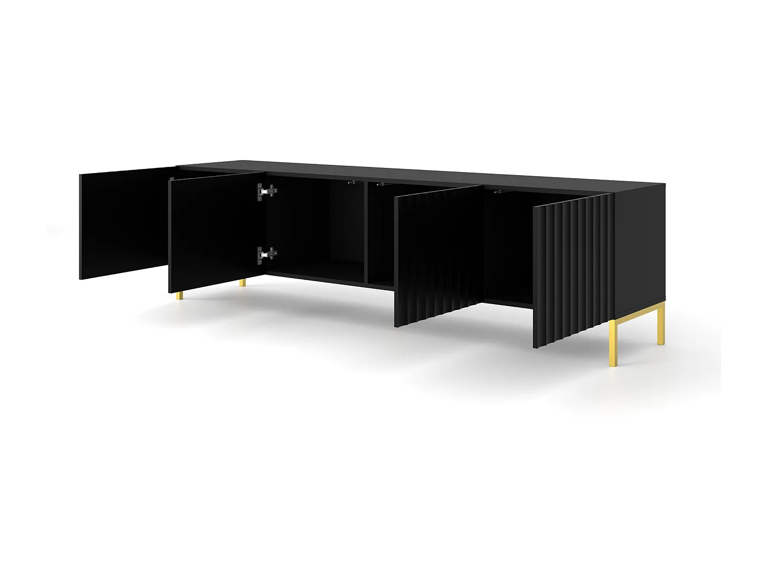 TV-meubel WAVE 200 cm 4D gefreesd zwart mat metalen poten in goudkleur