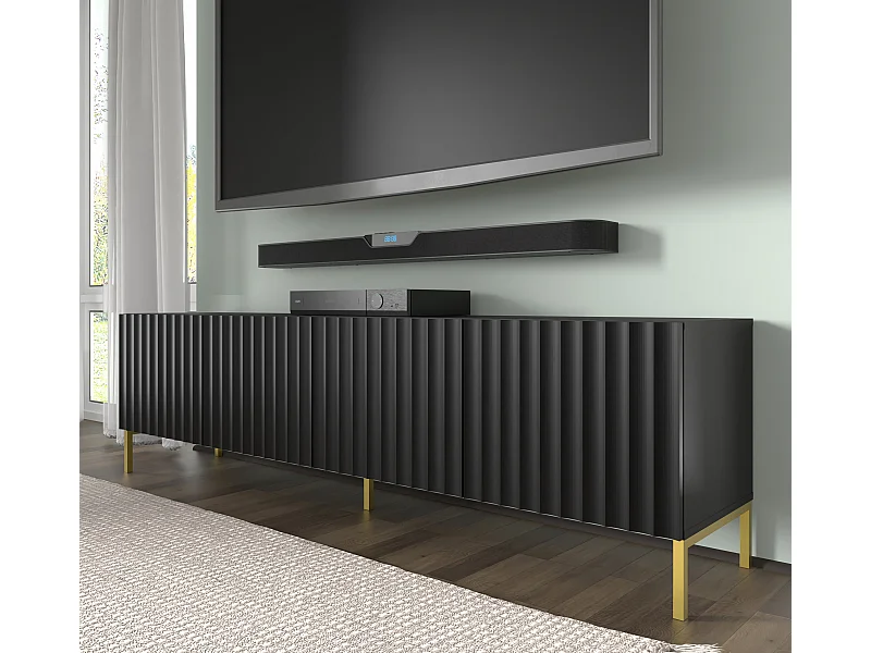 TV-meubel WAVE 200 cm 4D gefreesd zwart mat metalen poten in goudkleur