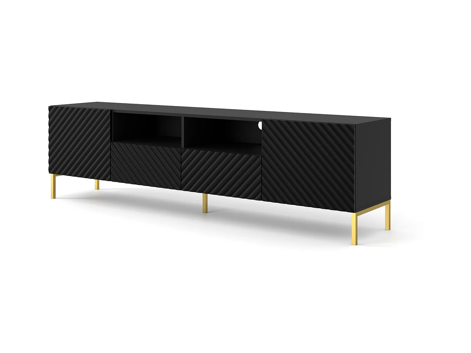 Meuble TV SURF 200 cm 2D2S fraisé noir mat  pieds en métal doré