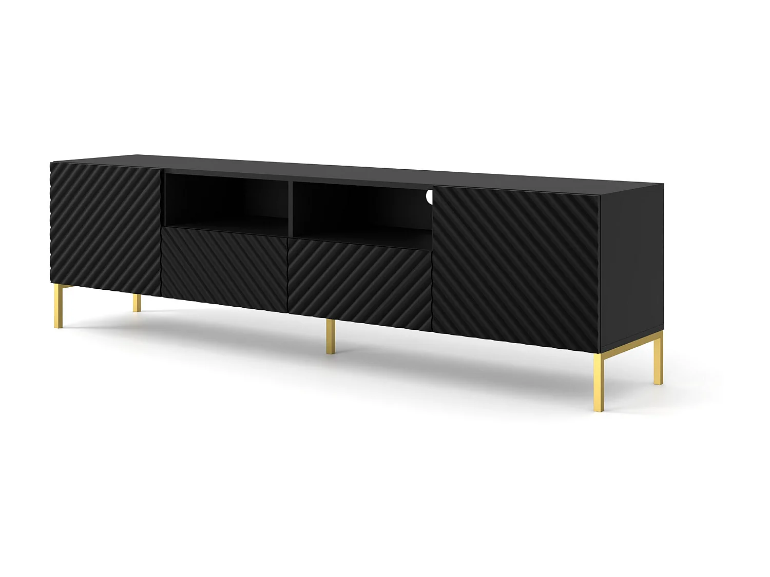 TV-meubel SURF 200 cm 2D2S gefreesd zwart mat metalen poten in goudkleur