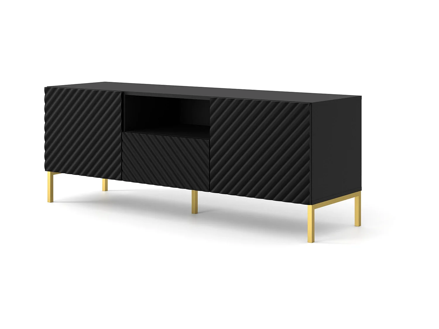 Meuble TV SURF 150 cm 2D1S fraisé noir mat  pieds en métal doré