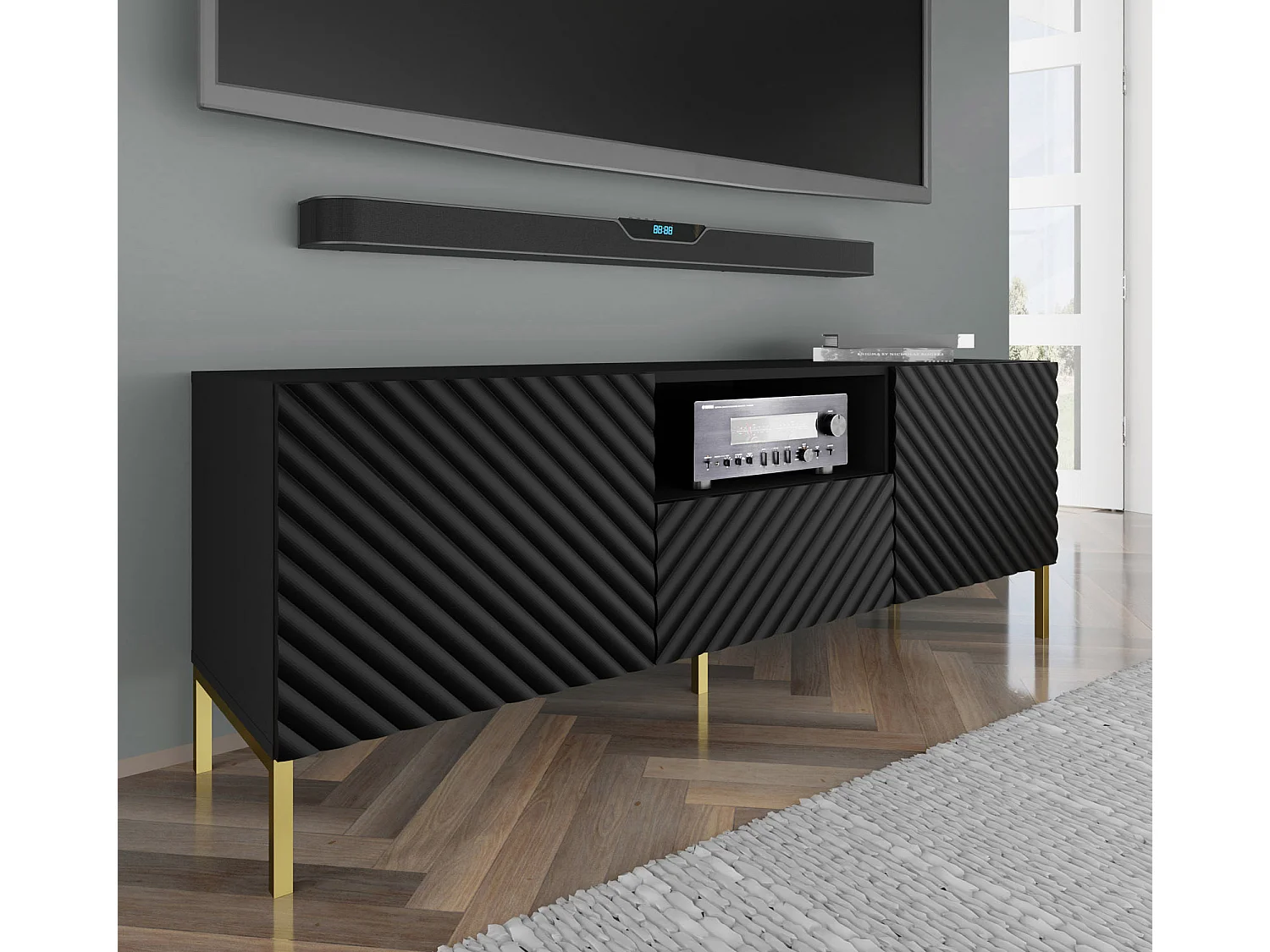 Meuble TV SURF 150 cm 2D1S fraisé noir mat  pieds en métal doré