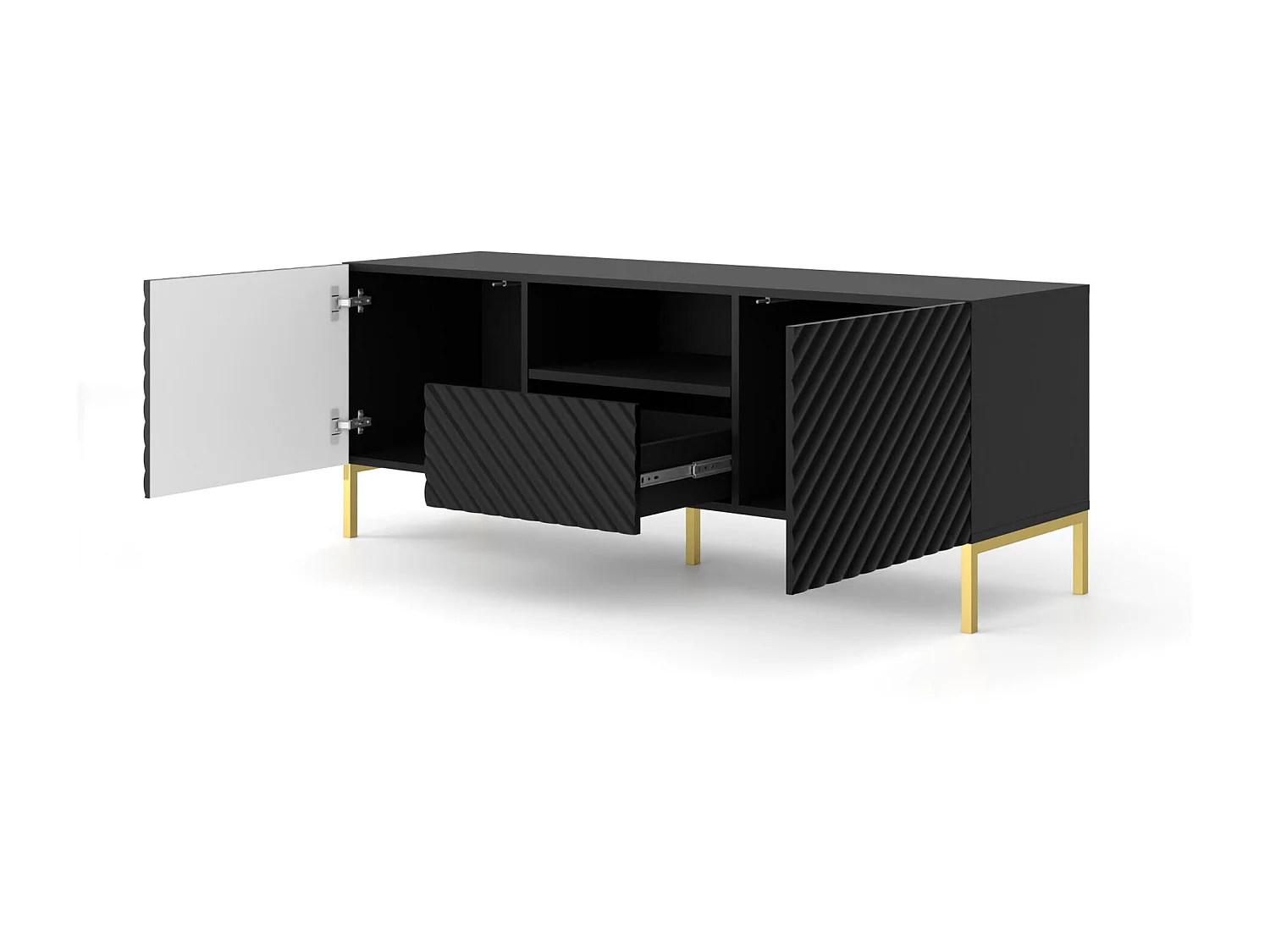 Meuble TV SURF 150 cm 2D1S fraisé noir mat  pieds en métal doré
