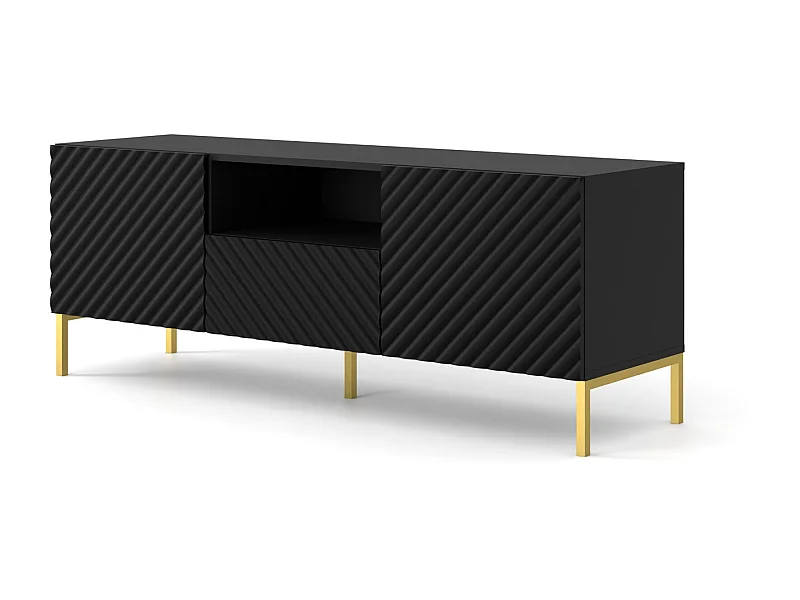 TV-meubel SURF 150 cm 2D1S gefreesd zwart mat metalen poten in goudkleur