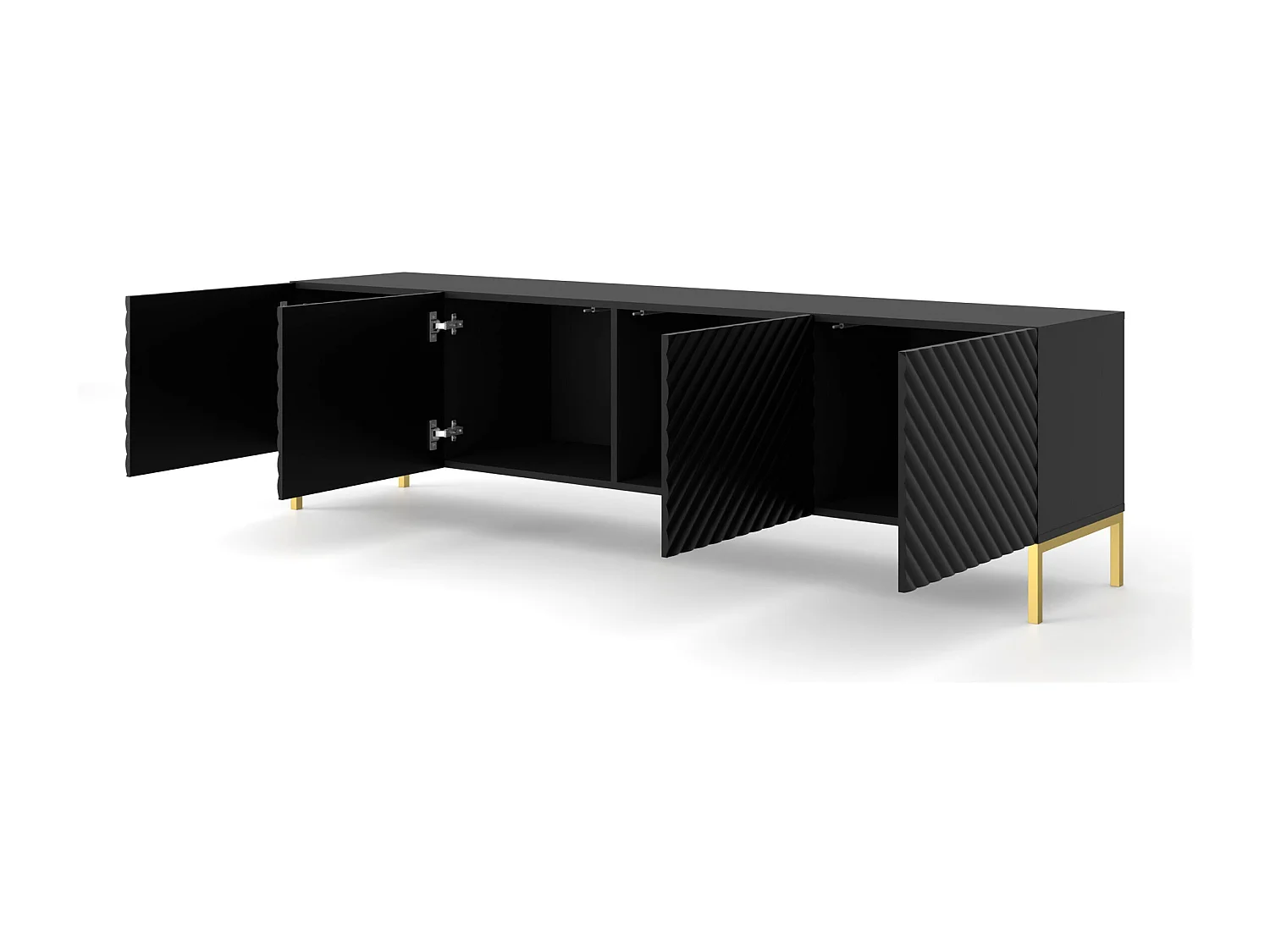 TV-meubel SURF 200 cm 4D gefreesd zwart mat metalen poten in goudkleur