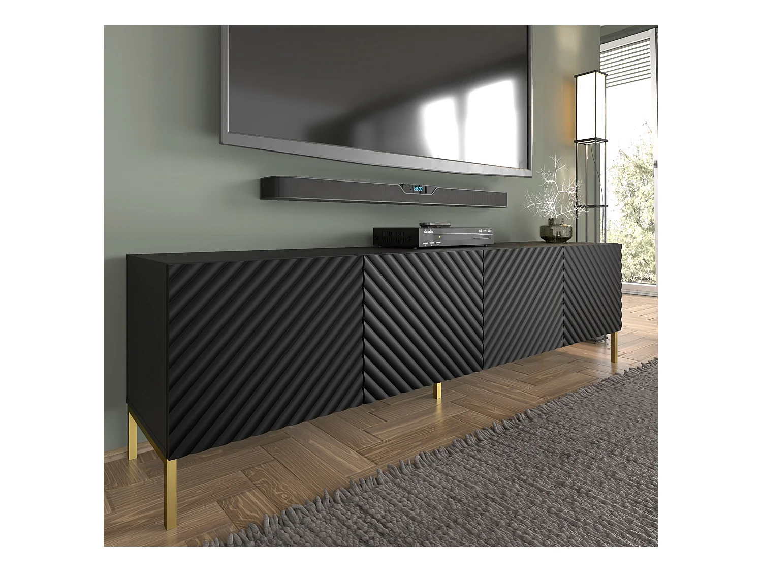 Mueble de TV SURF 200 cm 4D fresada negra mate patas de metal dorado