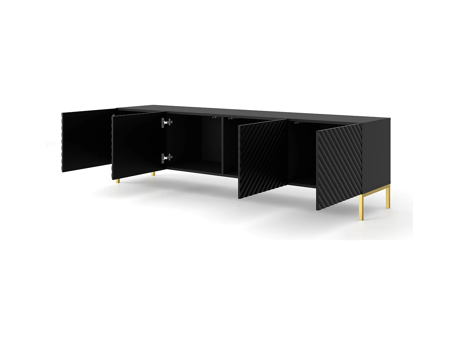 Meuble TV SURF 200 cm 4D fraisé noir mat  pieds en métal doré