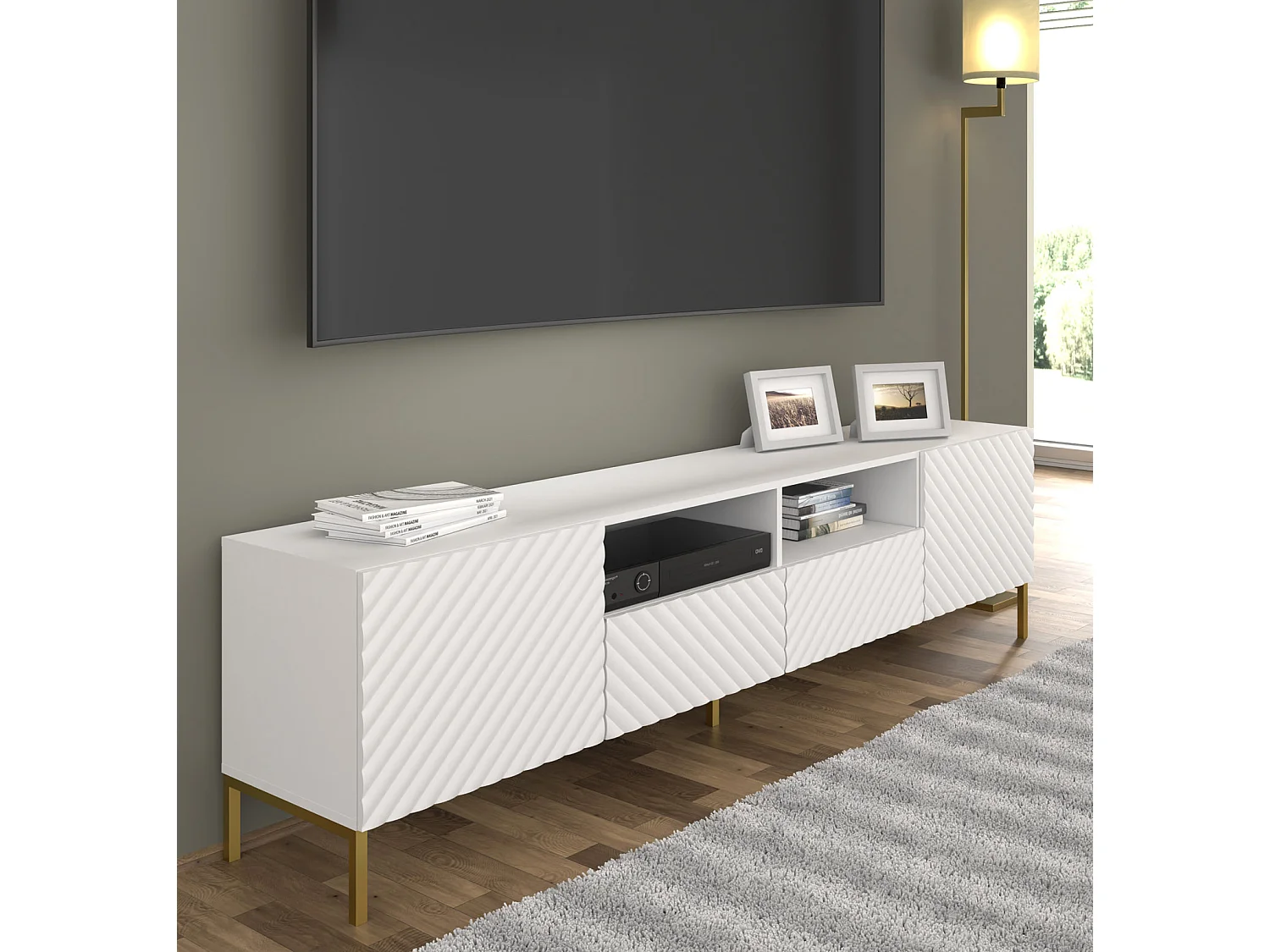 TV-Möbel SURF 200 cm 2D2S gefräst weiß matt Füße aus goldenem Metall