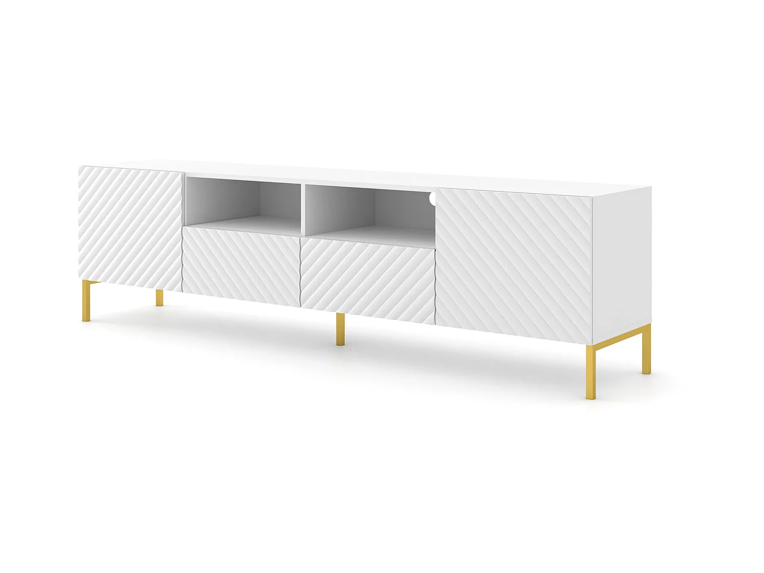 Meuble TV SURF 200 cm 2D2S fraisé blanc mat  pieds en métal doré