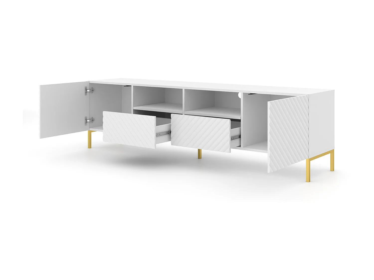 Mobile TV SURF 200 cm 2D2S fresato bianco opaco piedi in metallo dorato