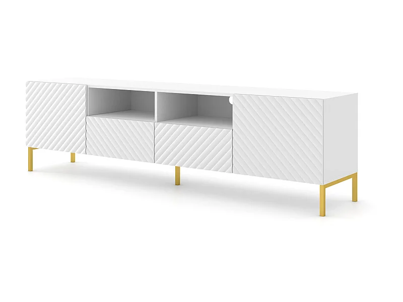 TV-meubel SURF 200 cm 2D2S gefreesd wit mat metalen poten in goudkleur