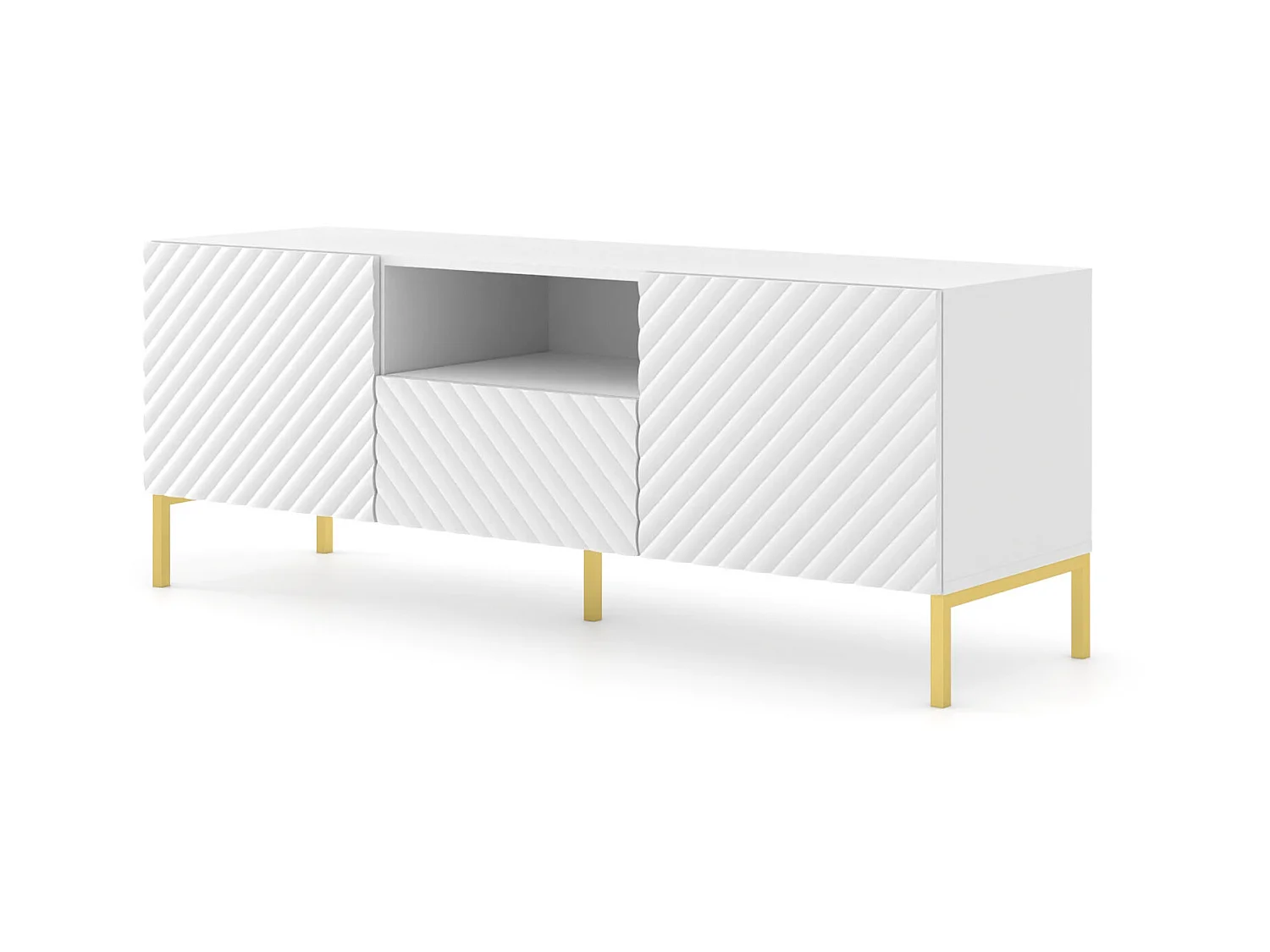 Meuble TV SURF 150 cm 2D1S fraisé blanc mat  pieds en métal doré