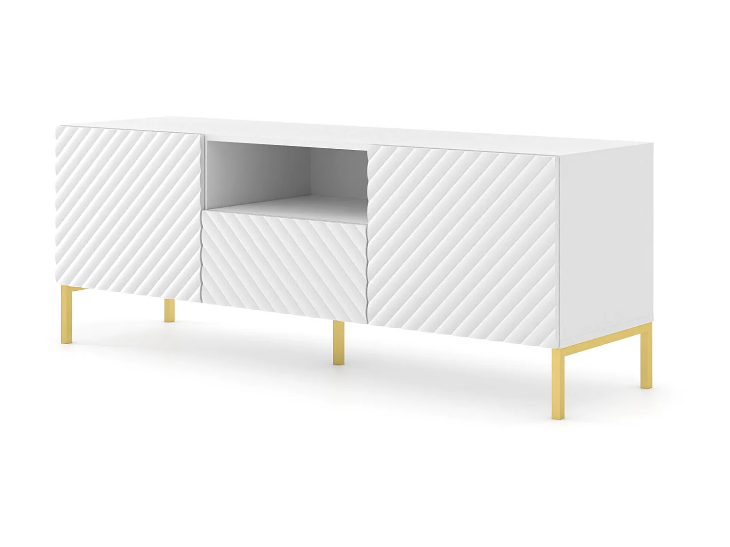 TV-meubel SURF 150 cm 2D1S gefreesd wit mat metalen poten in goudkleur
