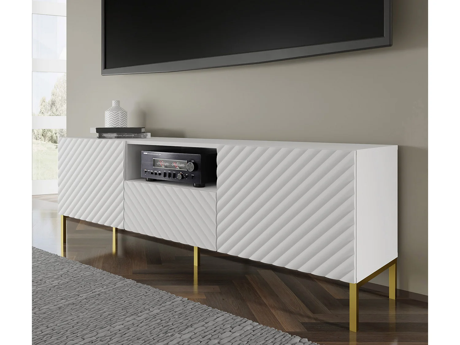 TV-meubel SURF 150 cm 2D1S gefreesd wit mat metalen poten in goudkleur