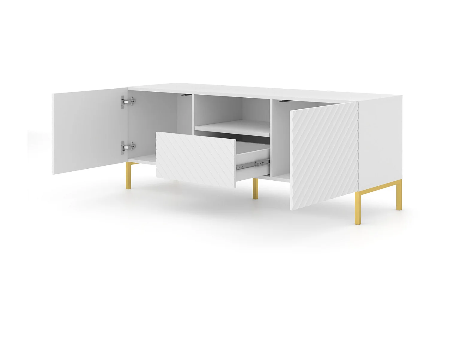 TV-meubel SURF 150 cm 2D1S gefreesd wit mat metalen poten in goudkleur