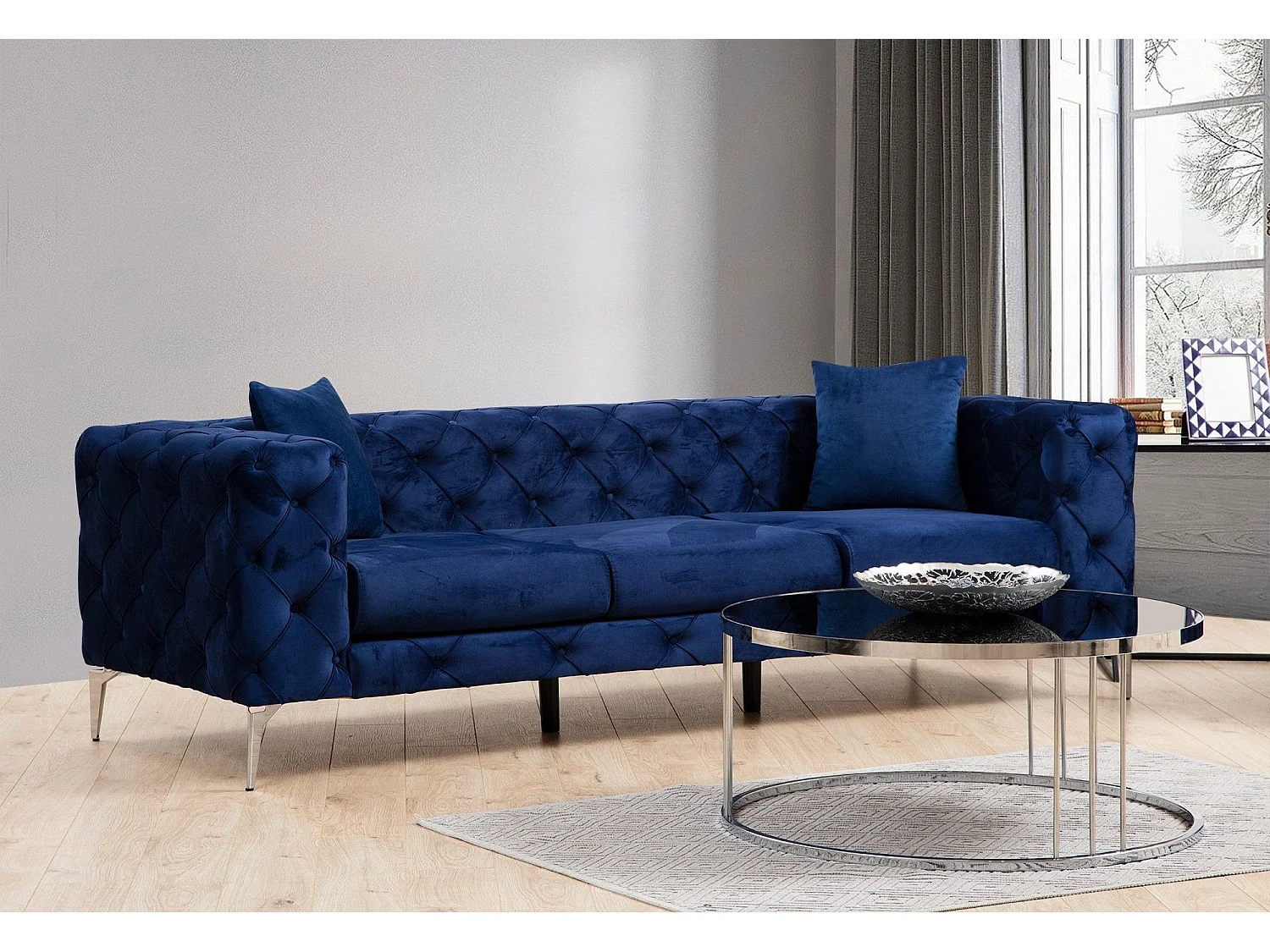 Sofá chesterfield Altadena 356, Azul, 237x90x73cm, Tapiz, Patas: Metal
