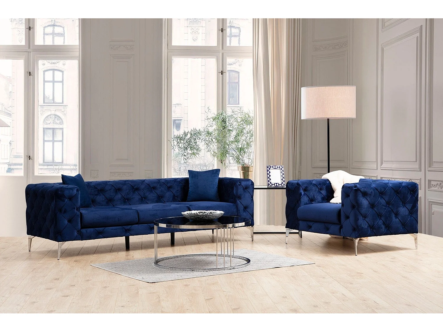 Sofá chesterfield Altadena 356, Azul, 237x90x73cm, Tapiz, Patas: Metal