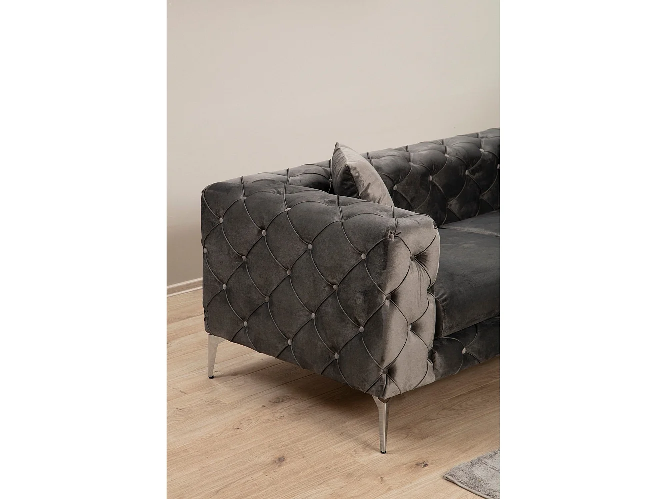 Sofá chesterfield Altadena 356, Gris, 237x90x73cm, Tapiz, Patas: Metal