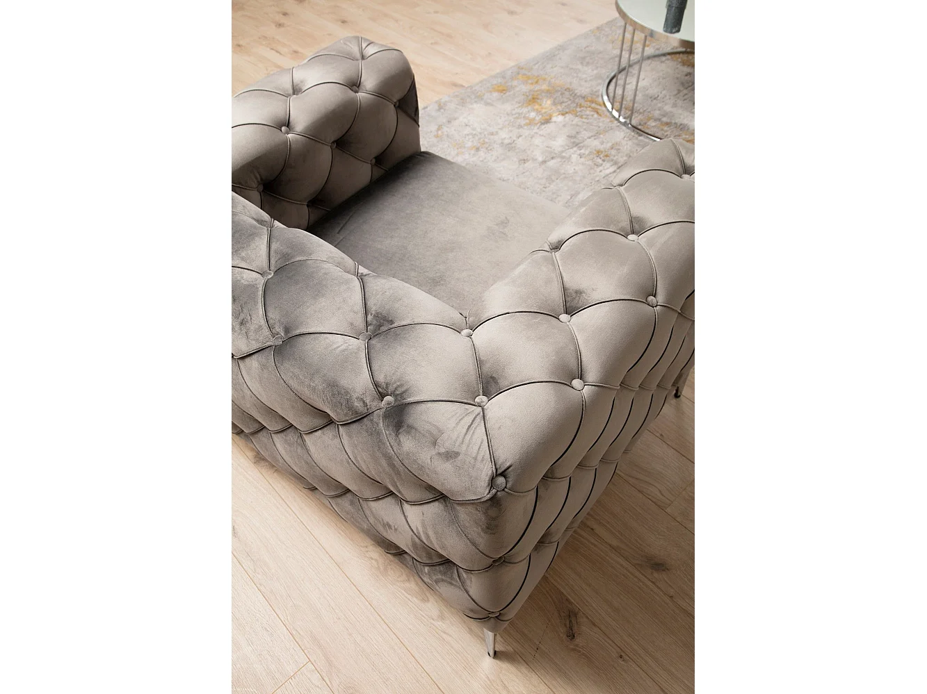 Sofá chesterfield Altadena 356, Gris, 237x90x73cm, Tapiz, Patas: Metal
