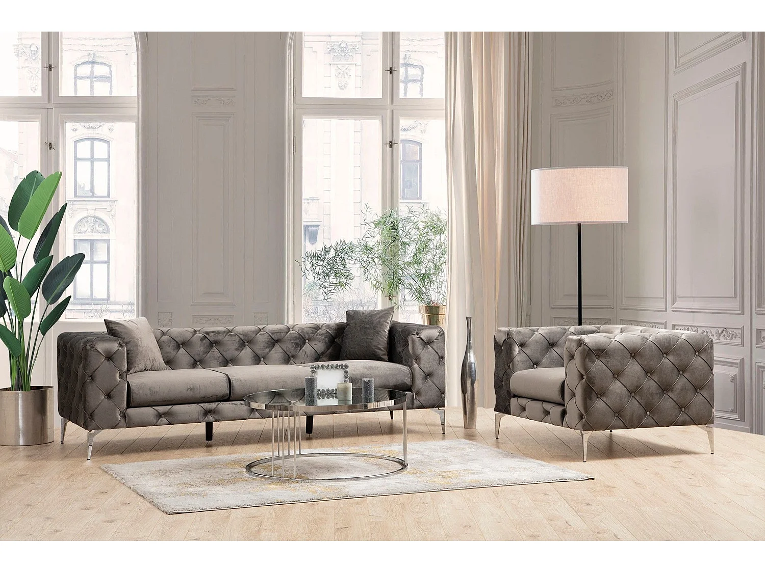 Sofá chesterfield Altadena 356, Gris, 237x90x73cm, Tapiz, Patas: Metal