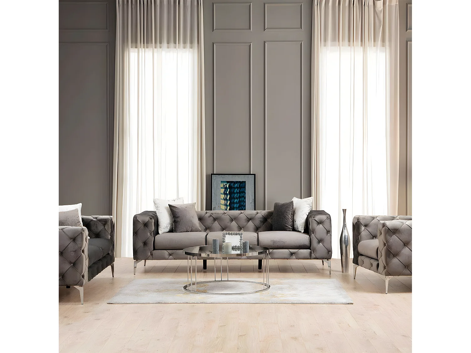 Sofá chesterfield Altadena 356, Gris, 237x90x73cm, Tapiz, Patas: Metal