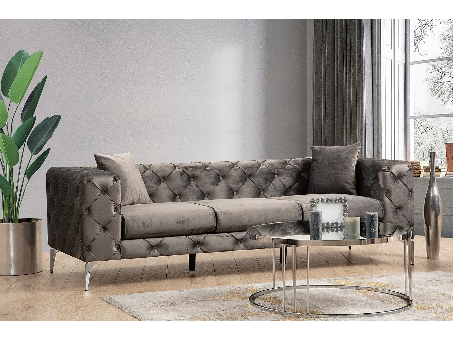 Canapé capitonné 3 places Alykes Velours Anthracite