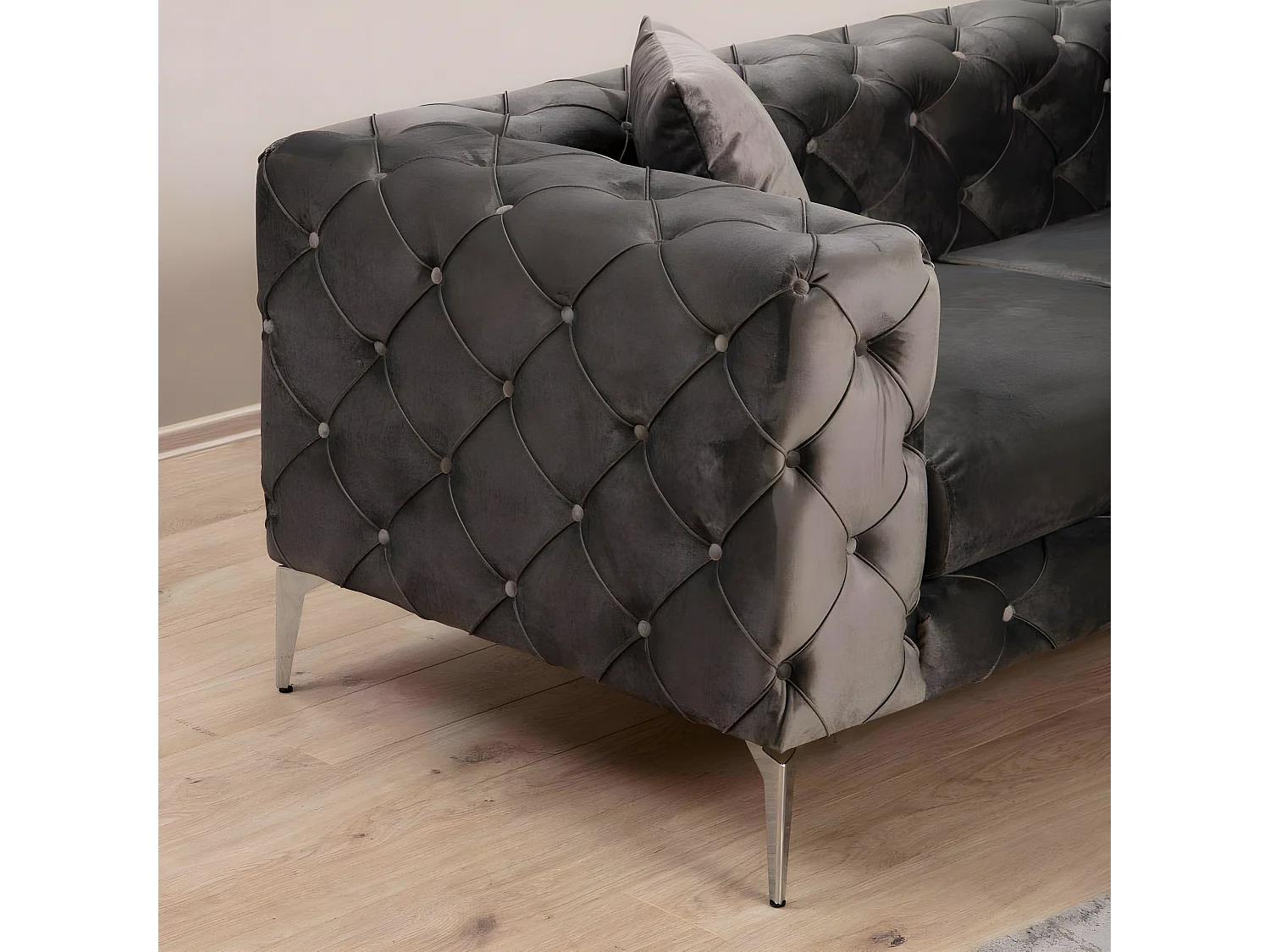 Canapé capitonné 3 places Alykes Velours Anthracite