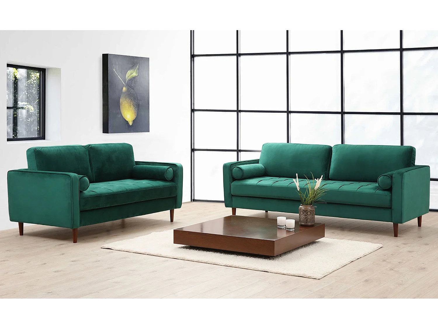 Canapé 2 places avec 2 coussins Homeros Velours Vert