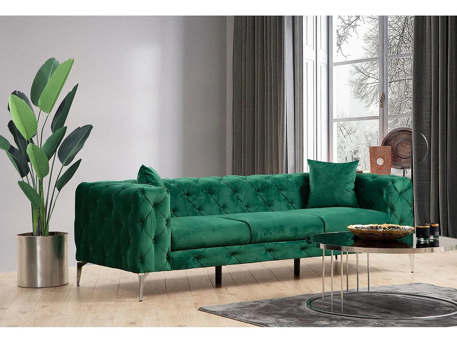 Sofá chesterfield Altadena 356, Verde, 237x90x73cm, Tapiz, Patas: Metal