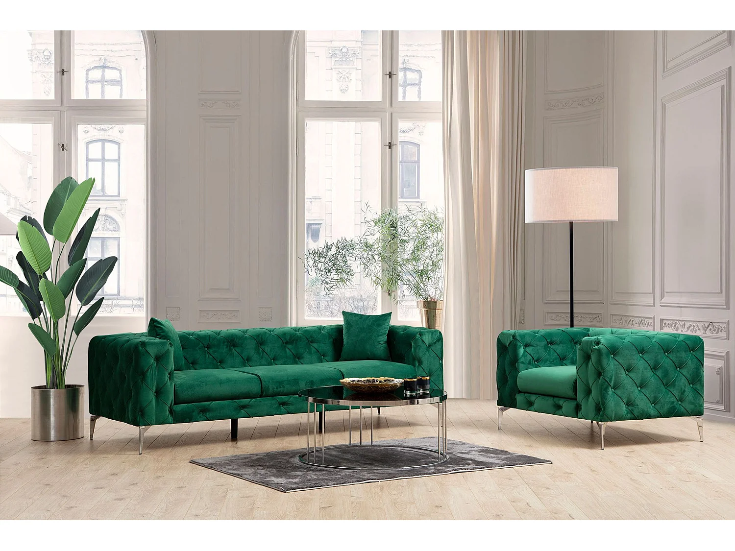 Sofá chesterfield Altadena 356, Verde, 237x90x73cm, Tapiz, Patas: Metal